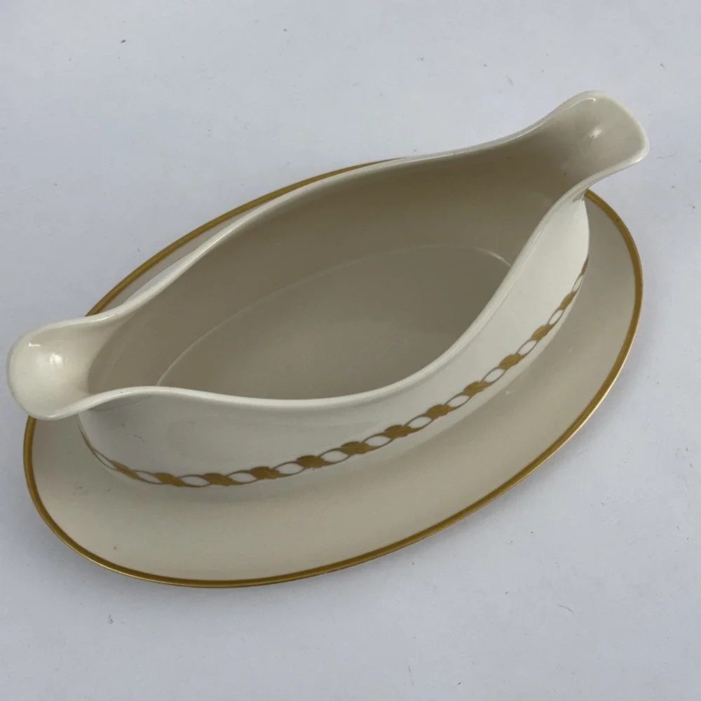 Vintage Franciscan Fine China Del Monte Cream Gold Accent Gravy Boat Underplate‎